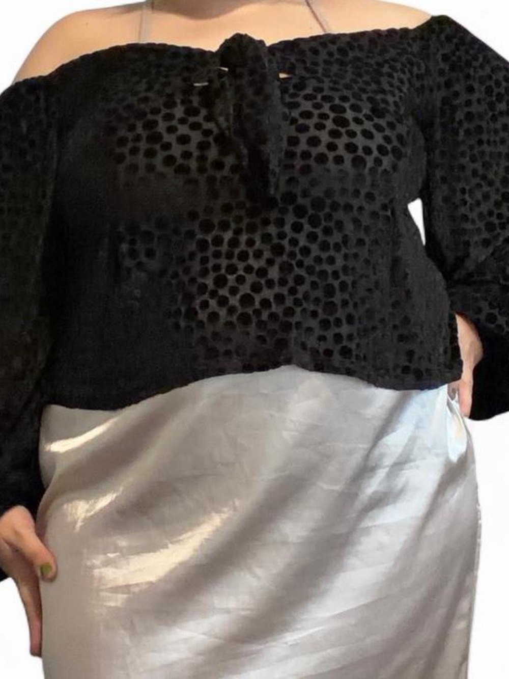 white birch Velvet Textured Black Polka Dot Off-Shoulder Tie Top